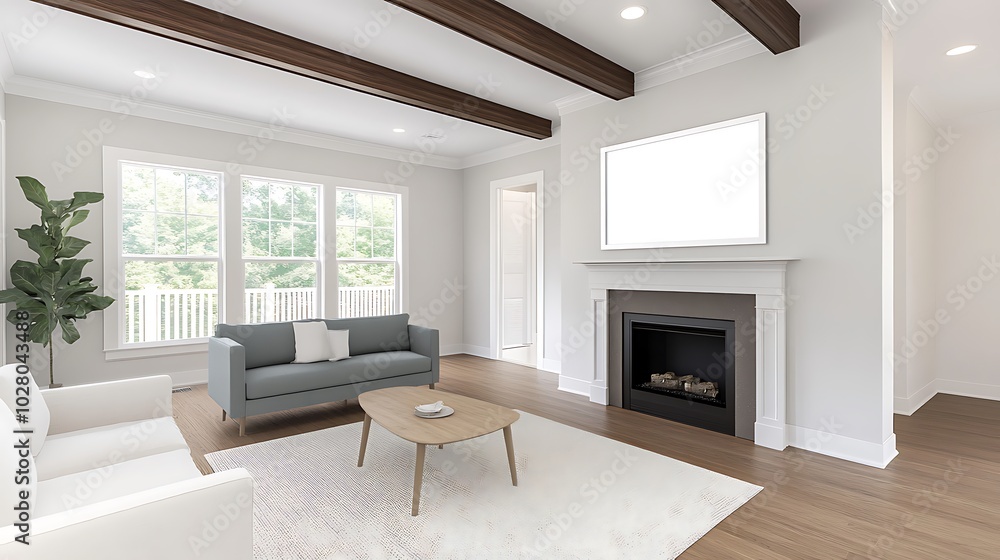 Fototapeta premium A cozy traditional living room featuring dark wooden beams, a warm color palette, and a blank white frame above the fireplace, ready for a family portrait or artwork.