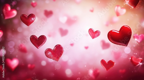 Floating red hearts on a soft pink and white bokeh background.