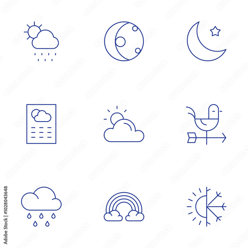Weather icons set. Thin Line style, editable stroke. meteorology, moon phase, moon, weather, weather vane, rain, rainbow Weather icons set. Thin Line style, editable stroke. meteorology, moon phase, moon, weather, weather vane, rain, rainbow