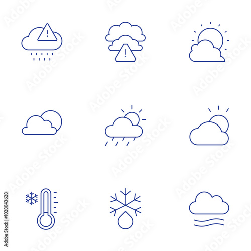 Weather icons set. Thin Line style, editable stroke. acid rain, bad weather, bright, cloudy, cold, defrost, fog