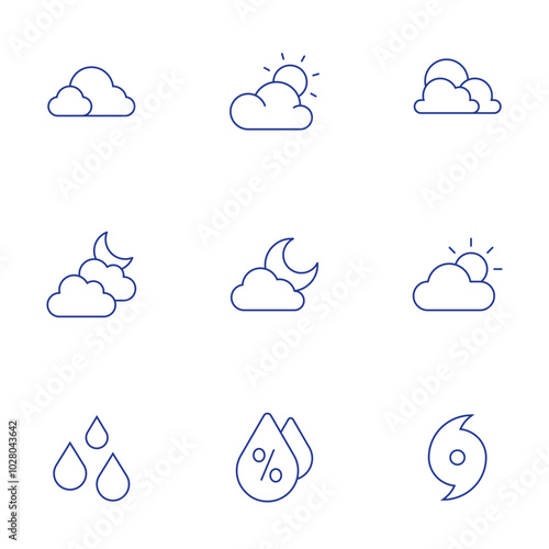 Weather icons set. Thin Line style, editable stroke. cloudy, hurricane, clouds, cloudy night, humidity