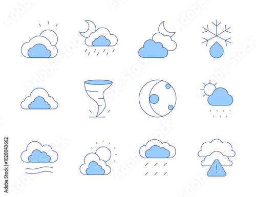 Weather icons. Line Duotone style, editable stroke. bad weather, cloudy, defrost, fog, meteorology, moon phase, rain, snowy, tornado, weather, clouds, cloudy night