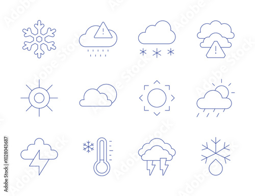 Weather icons. Thin Line style, editable stroke. acid rain, bad weather, cloudy, cold, defrost, snowflake, snowing, sun, thunder