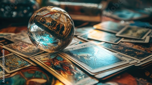 Mystical Tarot Card Spread on a Wooden Table