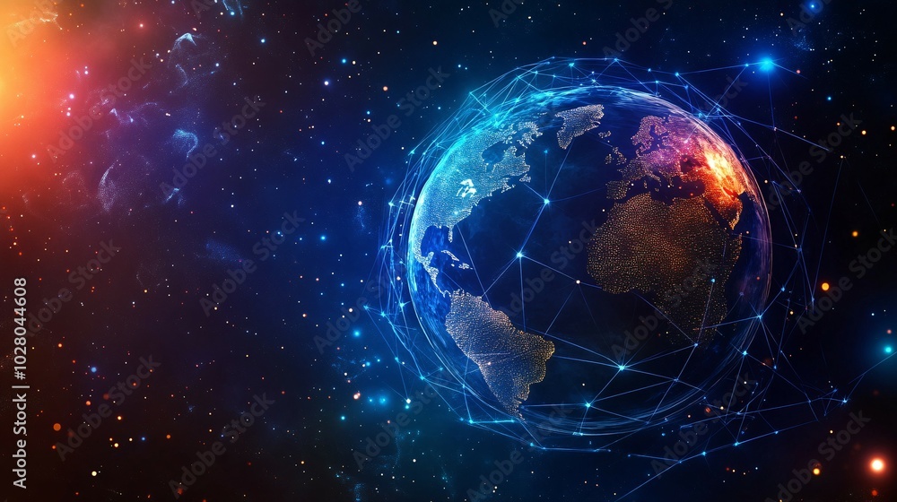 A Digital Representation of the Earth Connected by Lines and Nodes in a Starry Background A Digital Representation of the Earth Connected by Lines and Nodes in a Starry Background