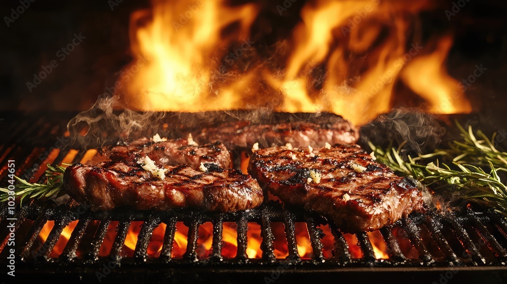 Lively Barbecue Grill with Flames and Sizzling Meat Lively Barbecue Grill with Flames and Sizzling Meat