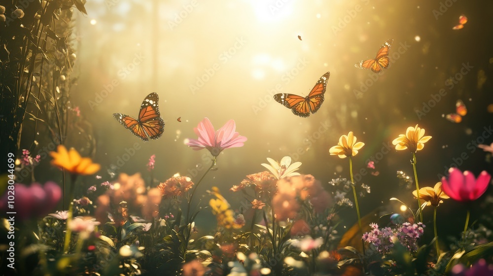 Butterflies gracefully flutter over a vibrant flower garden at sunrise. Butterflies gracefully flutter over a vibrant flower garden at sunrise.