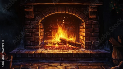 Cozy brick fireplace with a warm, glowing fire.