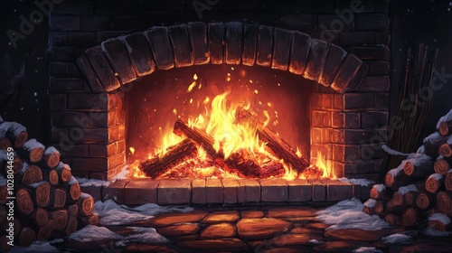 Cozy fireplace with burning logs and glowing embers.