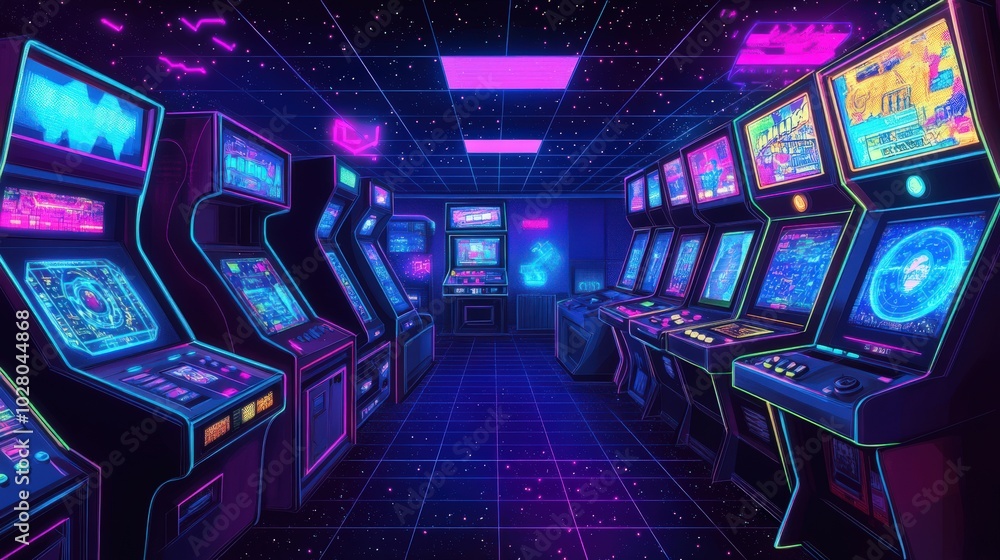 Obraz premium Retro arcade room glowing with vibrant neon lights and classic game machines.