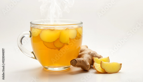 Steaming ginger tea with ginger root and ginger slices in a clear glass mug on a light background