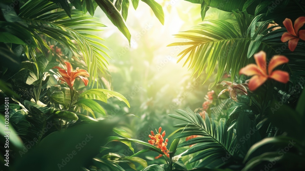 Lush tropical jungle with vibrant flowers and sunlight filtering through leaves. Lush tropical jungle with vibrant flowers and sunlight filtering through leaves.