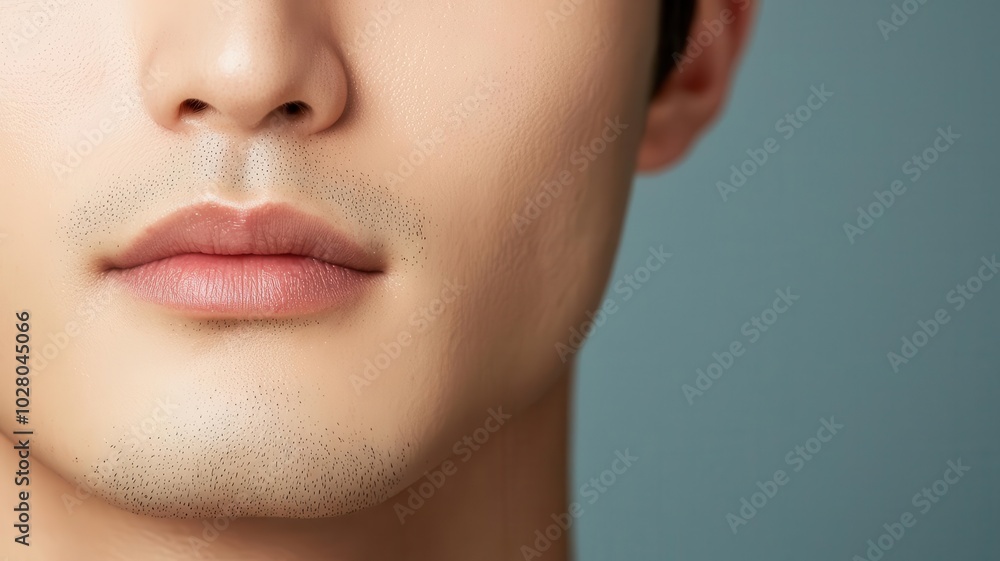Obraz premium Closeup of an Asian man s perfectly smooth skin, captured in crisp, natural lighting for a clean, fresh look crisp light, fresh look, smooth skin