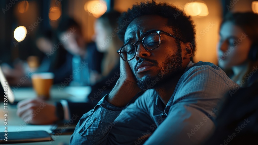 Struggling Person in a Lively Environment After Sleepless Night Struggling Person in a Lively Environment After Sleepless Night