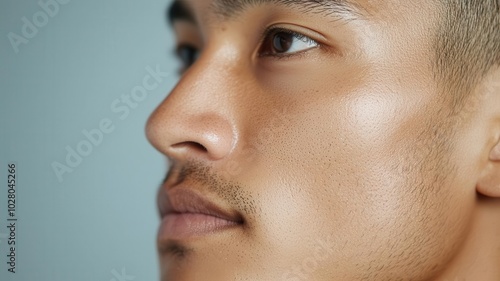 Closeup of an Asian man s face, smooth skin illuminated by soft, side lighting for a classic portrait effect side lighting, smooth skin, portrait