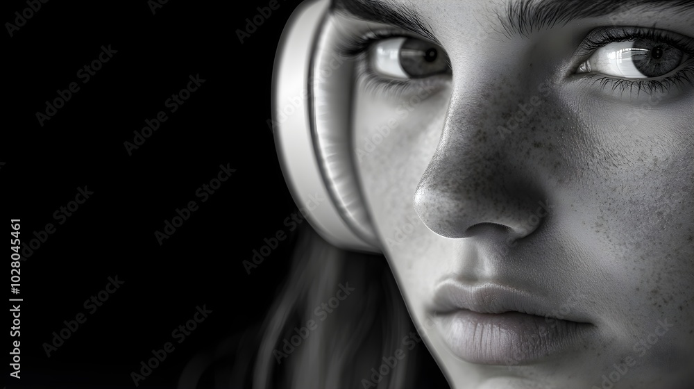Detailed close-up of Bluetooth headphones on a woman's head, monochromatic background with a soft focus on the product Detailed close-up of Bluetooth headphones on a woman's head, monochromatic background with a soft focus on the product