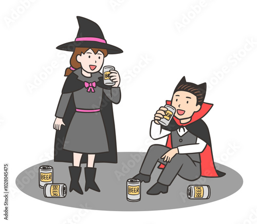 ハロウィンで路上飲みをする女性と男性
