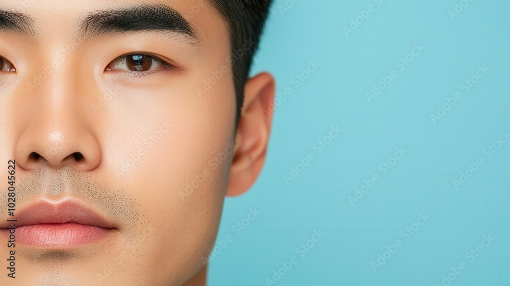 Fototapeta premium Closeup of an Asian man s face with perfectly smooth, eventoned skin, giving a fresh, youthful appearance eventoned skin, smooth complexion, youthful look