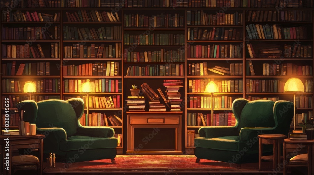 Cozy library room with armchairs and warm lighting. Cozy library room with armchairs and warm lighting.