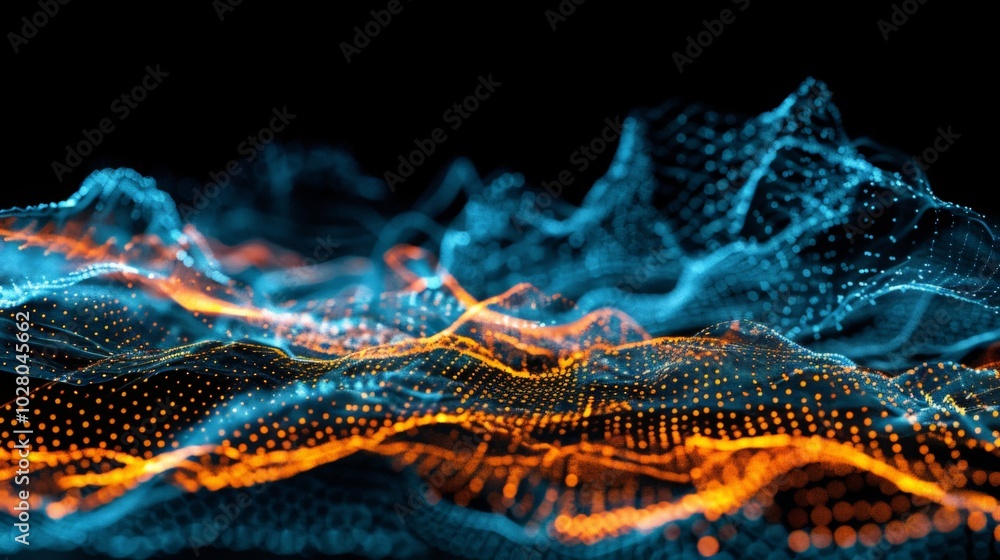 Wallpaper Abstract orange and blue particles waves are flowing on black background Wallpaper Abstract orange and blue particles waves are flowing on black background