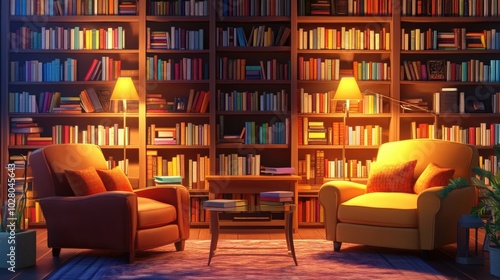 Cozy reading nook with armchairs and warm lighting.