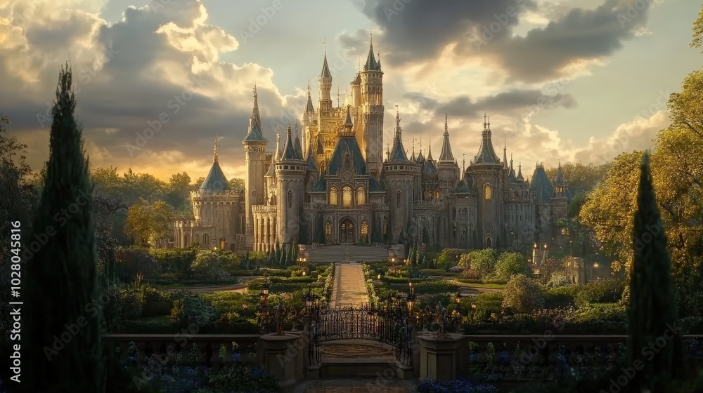 Fototapeta premium Enchanting castle surrounded by lush gardens at sunset.