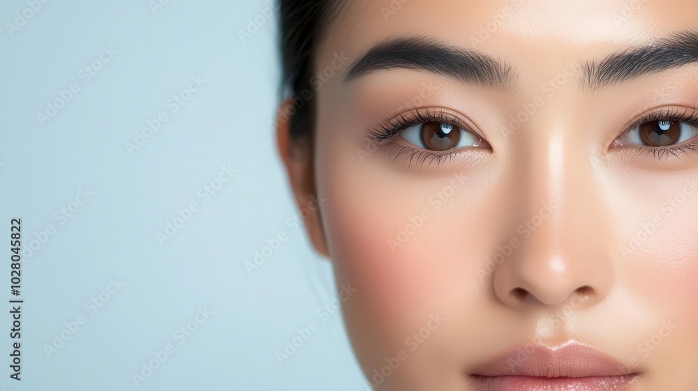 Fototapeta premium Closeup of an Asian man s face with smooth skin and subtle highlights along the cheekbones and nose subtle highlights, smooth skin, sharp features