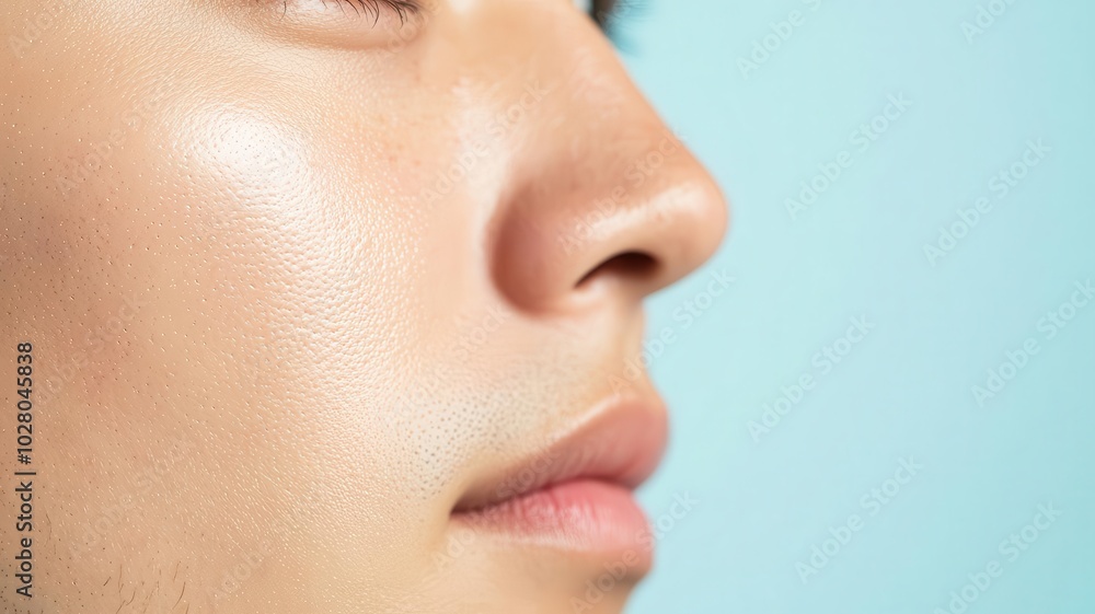 Closeup of an Asian man s face with smooth, glowing skin, highlighted by natural outdoor light outdoor light, glowing skin, smooth complexion Closeup of an Asian man s face with smooth, glowing skin, highlighted by natural outdoor light outdoor light, glowing skin, smooth complexion