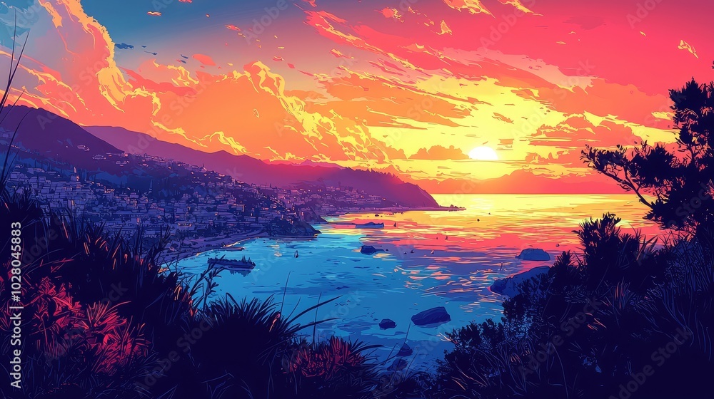 Vibrant Sunset Over Coastal Town Landscape Vibrant Sunset Over Coastal Town Landscape