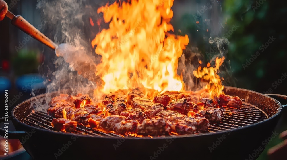 Backyard Barbecue with Flames and Grilling Action Backyard Barbecue with Flames and Grilling Action