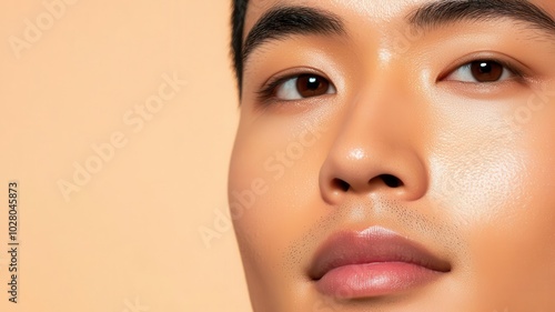 Closeup of an Asian man s face with perfectly smooth, eventoned skin, giving a fresh, youthful appearance   eventoned skin, smooth complexion, youthful look photo