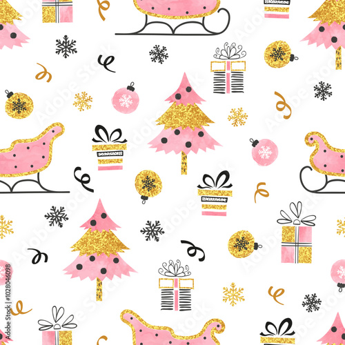 Seamless pattern with Christmas decorations. Vector holiday ornament with San...