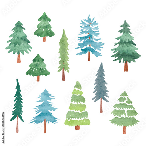 Pine tree and fir tree set. Vector hand drawn Christmas watercolor illustration
