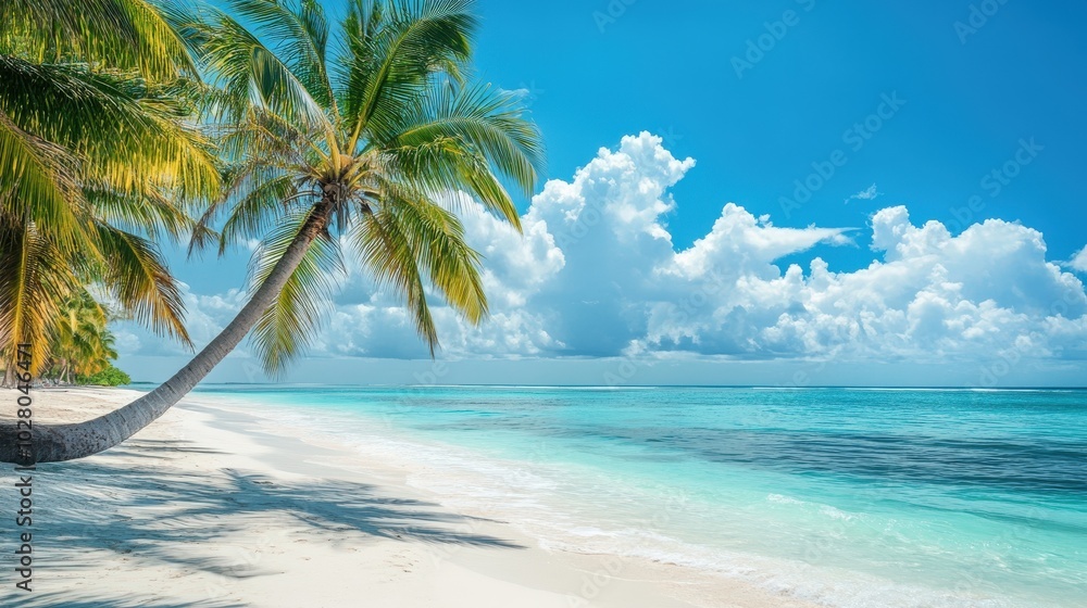 Tropical beach with palm trees and turquoise ocean under blue skies. Tropical beach with palm trees and turquoise ocean under blue skies.