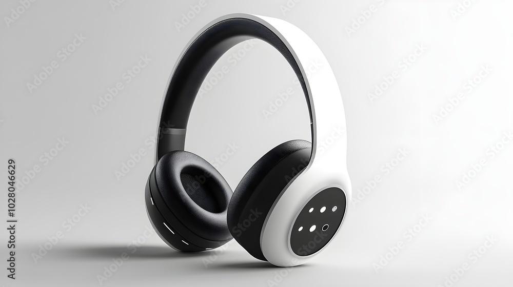 Single black and white Bluetooth headphones on the ear, minimalistic and futuristic design, perfect for tech-focused marketing visuals Single black and white Bluetooth headphones on the ear, minimalistic and futuristic design, perfect for tech-focused marketing visuals