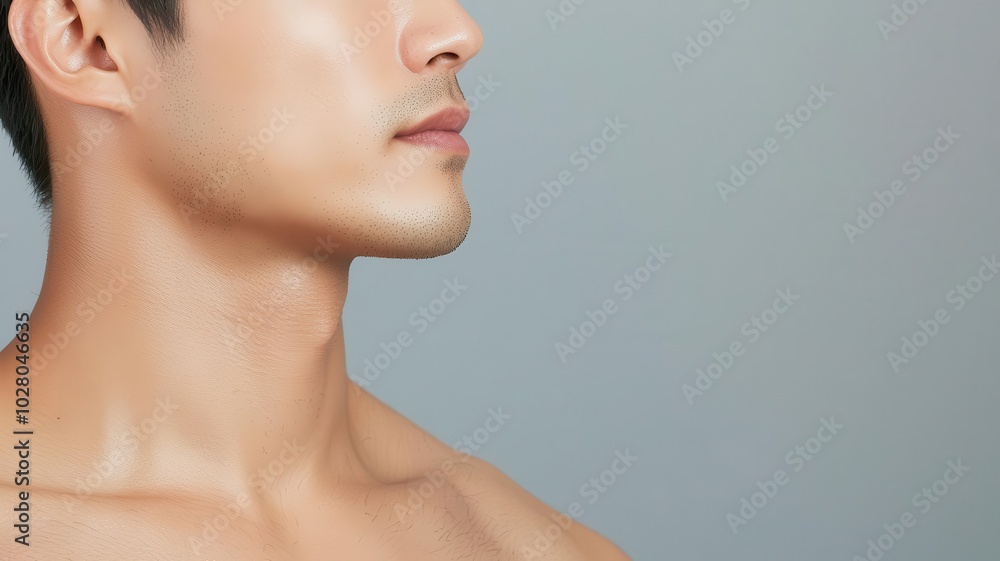 Closeup of an Asian man s smooth skin, emphasized by sharp lighting and a welldefined jawline sharp lighting, smooth complexion, defined jawline Closeup of an Asian man s smooth skin, emphasized by sharp lighting and a welldefined jawline sharp lighting, smooth complexion, defined jawline