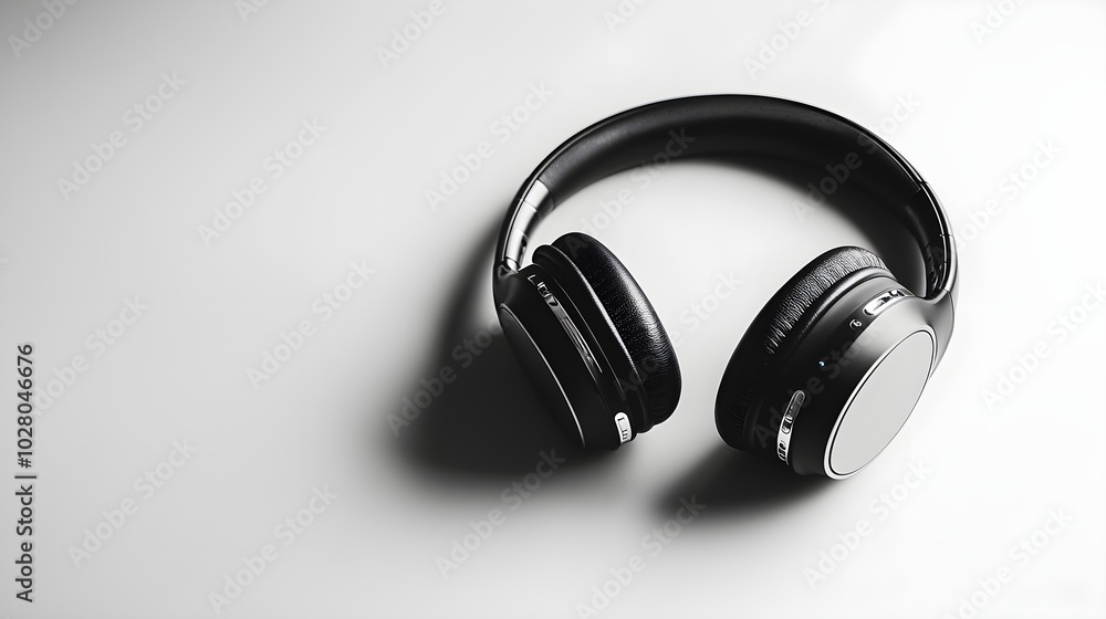 Sleek black stereo Bluetooth headphones on a white background, showcasing minimalistic modern design, clean lines, and high-tech appeal Sleek black stereo Bluetooth headphones on a white background, showcasing minimalistic modern design, clean lines, and high-tech appeal