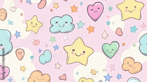 Colorful pastel pattern with cute smiling stars and clouds.