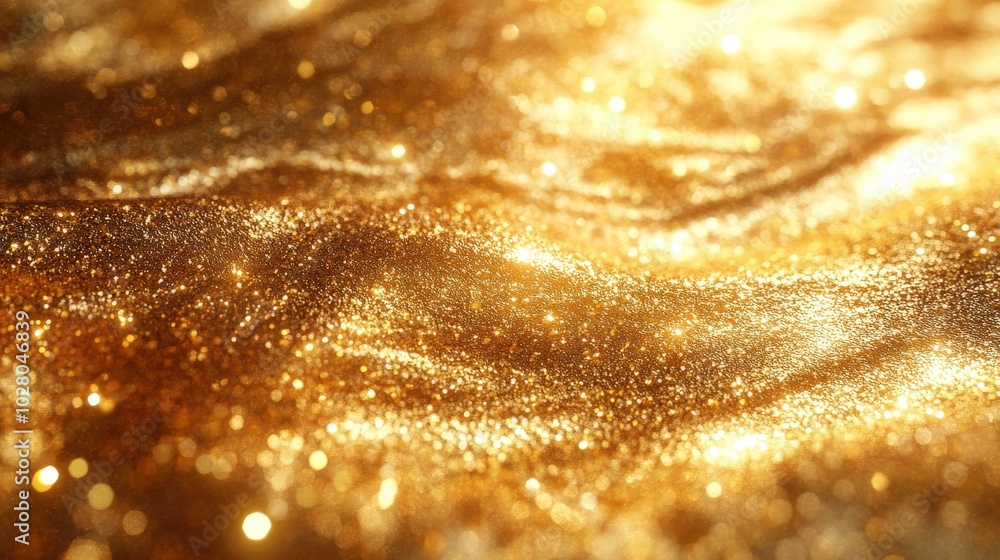 Close-up view of shimmering gold glitter with a soft, flowing texture.