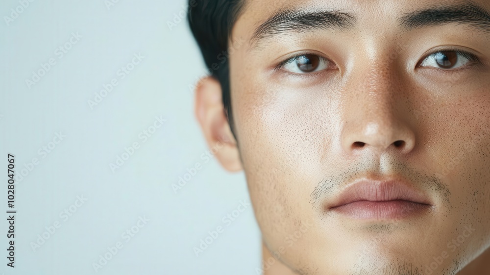 Closeup of an Asian man with perfectly smooth skin, cleanshaven and glowing under soft lighting smooth skin, cleanshaven, glowing face Closeup of an Asian man with perfectly smooth skin, cleanshaven and glowing under soft lighting smooth skin, cleanshaven, glowing face