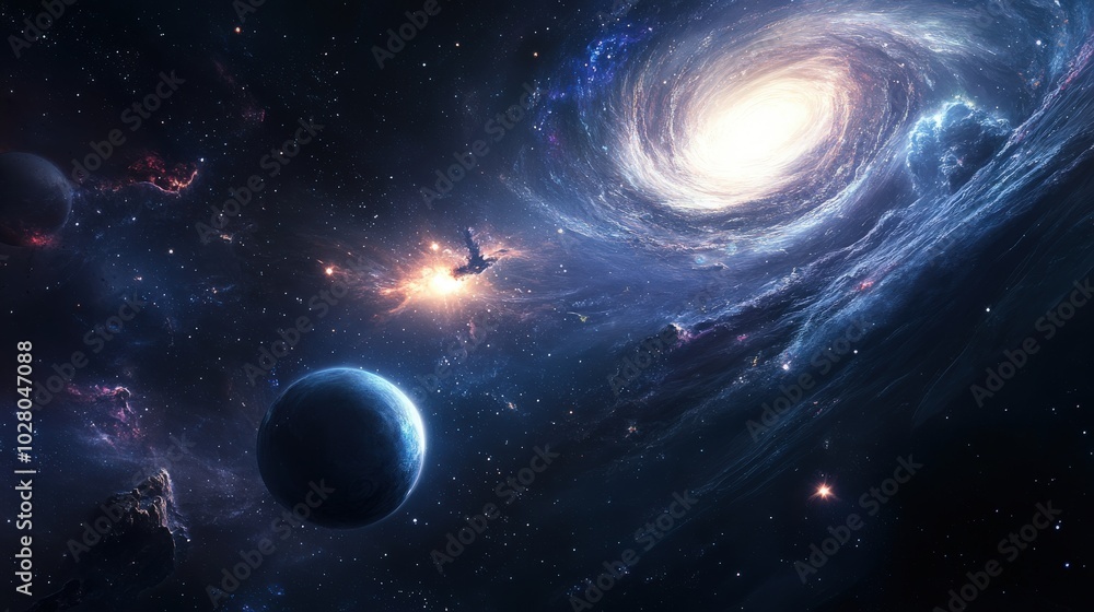 Stunning spiral galaxy with nearby planets in deep space. Stunning spiral galaxy with nearby planets in deep space.
