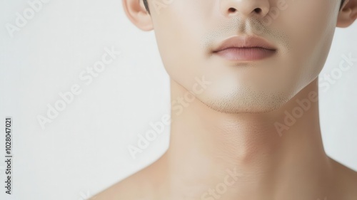 Closeup of an Asian man with perfectly smooth skin, cleanshaven and glowing under soft lighting smooth skin, cleanshaven, glowing face