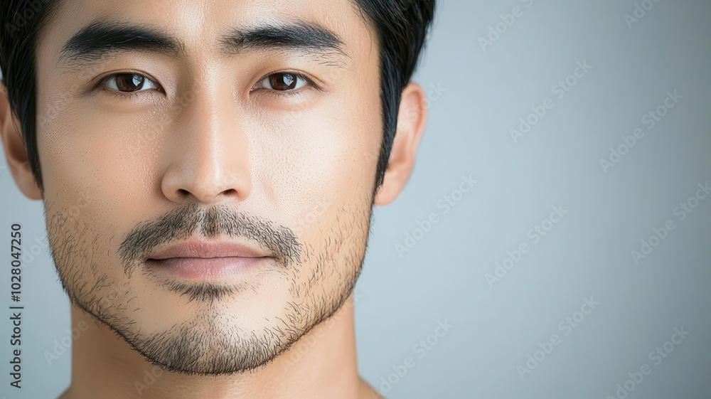 Fototapeta premium Closeup of an Asian man with smooth, clear skin, highlighted under studio lighting for a sharp, clean look studio lighting, clear skin, sharp features