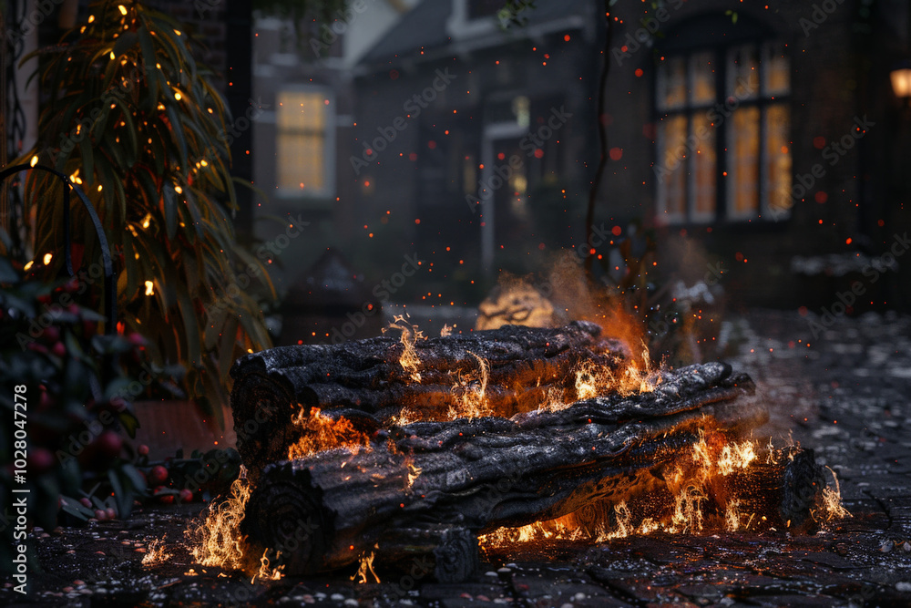 cozy scene featuring log burning tradition, with flames dancing and sparks flying in charming outdoor setting. warm glow contrasts beautifully with surrounding environment, creating festive cozy scene featuring log burning tradition, with flames dancing and sparks flying in charming outdoor setting. warm glow contrasts beautifully with surrounding environment, creating festive