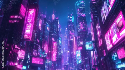 Vibrant neon-lit cityscape with futuristic skyscrapers.