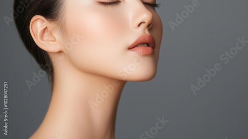 Closeup of an Asian woman s profile with perfectly smooth, radiant skin under a golden hour glow golden hour, smooth skin, radiant look