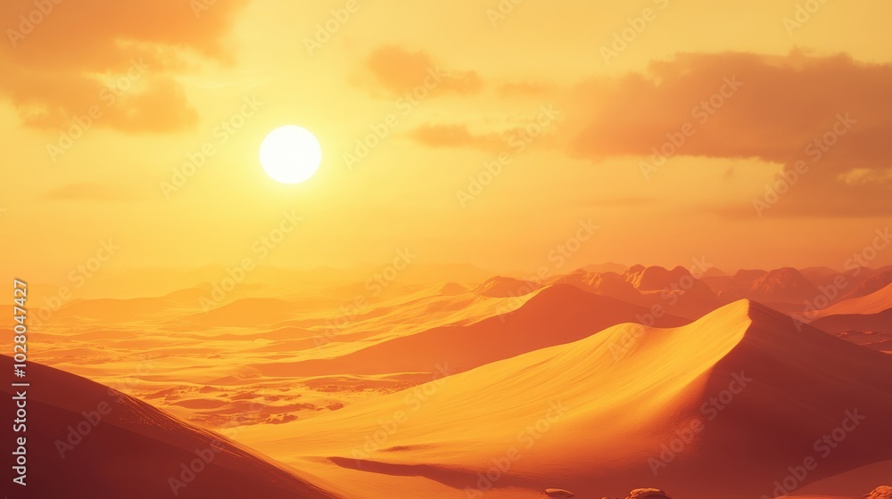 Golden sun setting over vast, rolling desert dunes. Golden sun setting over vast, rolling desert dunes.
