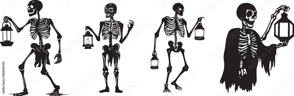 Fototapeta premium Silhouette of a skeleton holding a lantern, halloween vector silhouettes