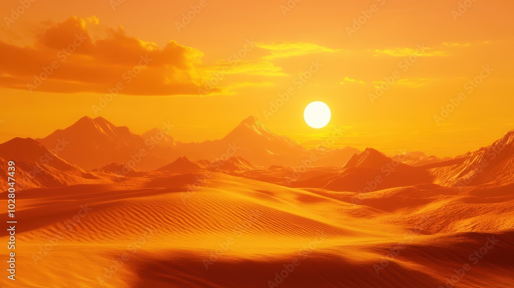 Golden sunset over expansive desert sand dunes and mountain silhouettes. Golden sunset over expansive desert sand dunes and mountain silhouettes.