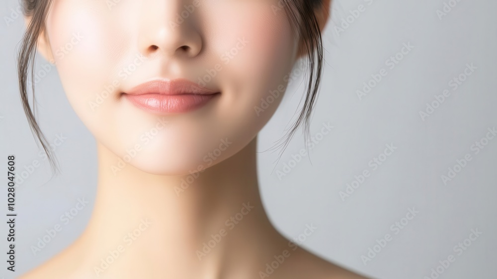 Naklejka premium Closeup of an Asian woman s glowing, smooth skin, enhanced by natural outdoor lighting outdoor light, smooth complexion, glowing skin